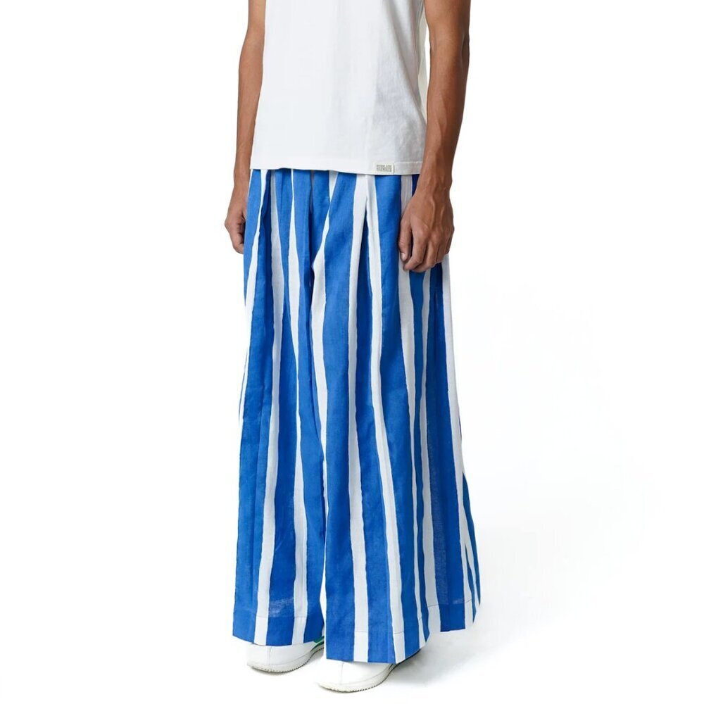 NORBLACK NORWHITE Kickback Pants Block Print Blue Stripe Wide Leg XS Unisex $180